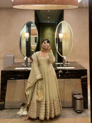 Neha’s Beige Dress Festive Anarkali Suit Set For Wedding & Diwali Outfit