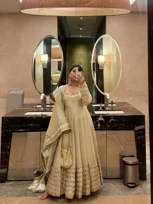 Neha’s Beige Dress Festive Anarkali Suit Set For Wedding & Diwali Outfit