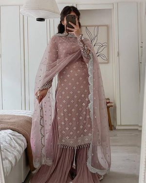 Jiana Peach Georgette Embroidered Kurta Palazzo Sets