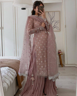 Jiana Peach Georgette Embroidered Kurta Palazzo Sets