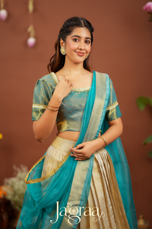 Kamala | Golden Beige Kanjivaram Silk Lehenga for Weddings