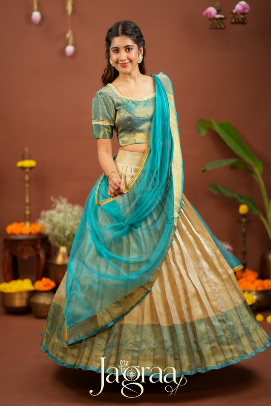 Kamala | Golden Beige Kanjivaram Silk Lehenga for Weddings