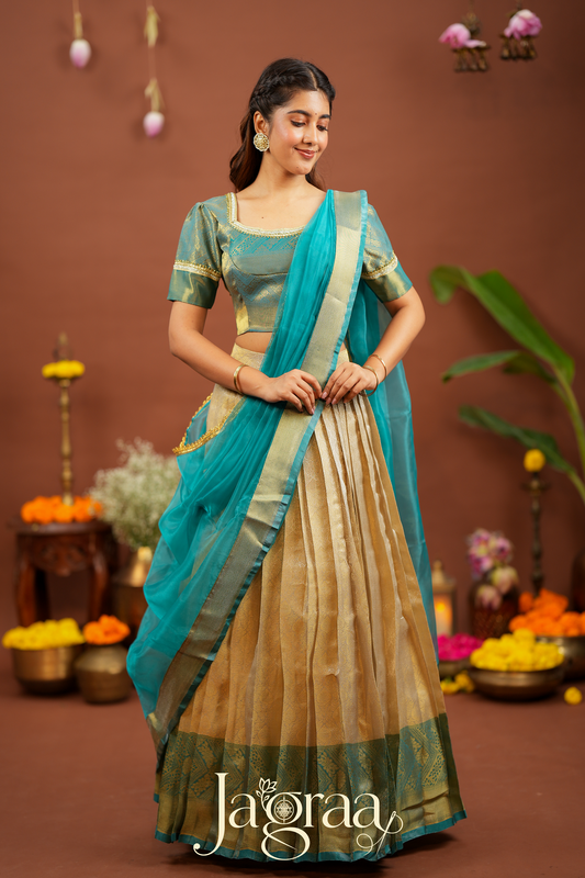 Kamala | Golden Beige Kanjivaram Silk Lehenga for Weddings