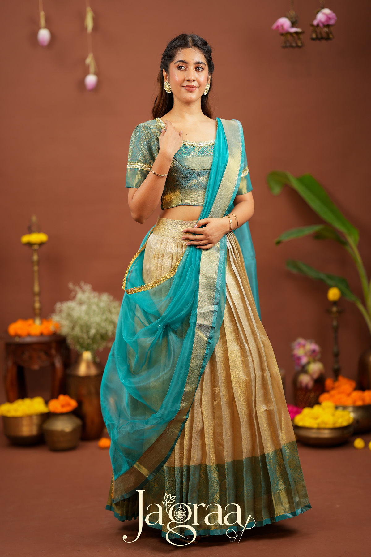 Kamala | Golden Beige Kanjivaram Silk Lehenga for Weddings