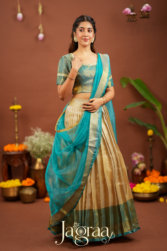 Kamala | Golden Beige Kanjivaram Silk Lehenga for Weddings