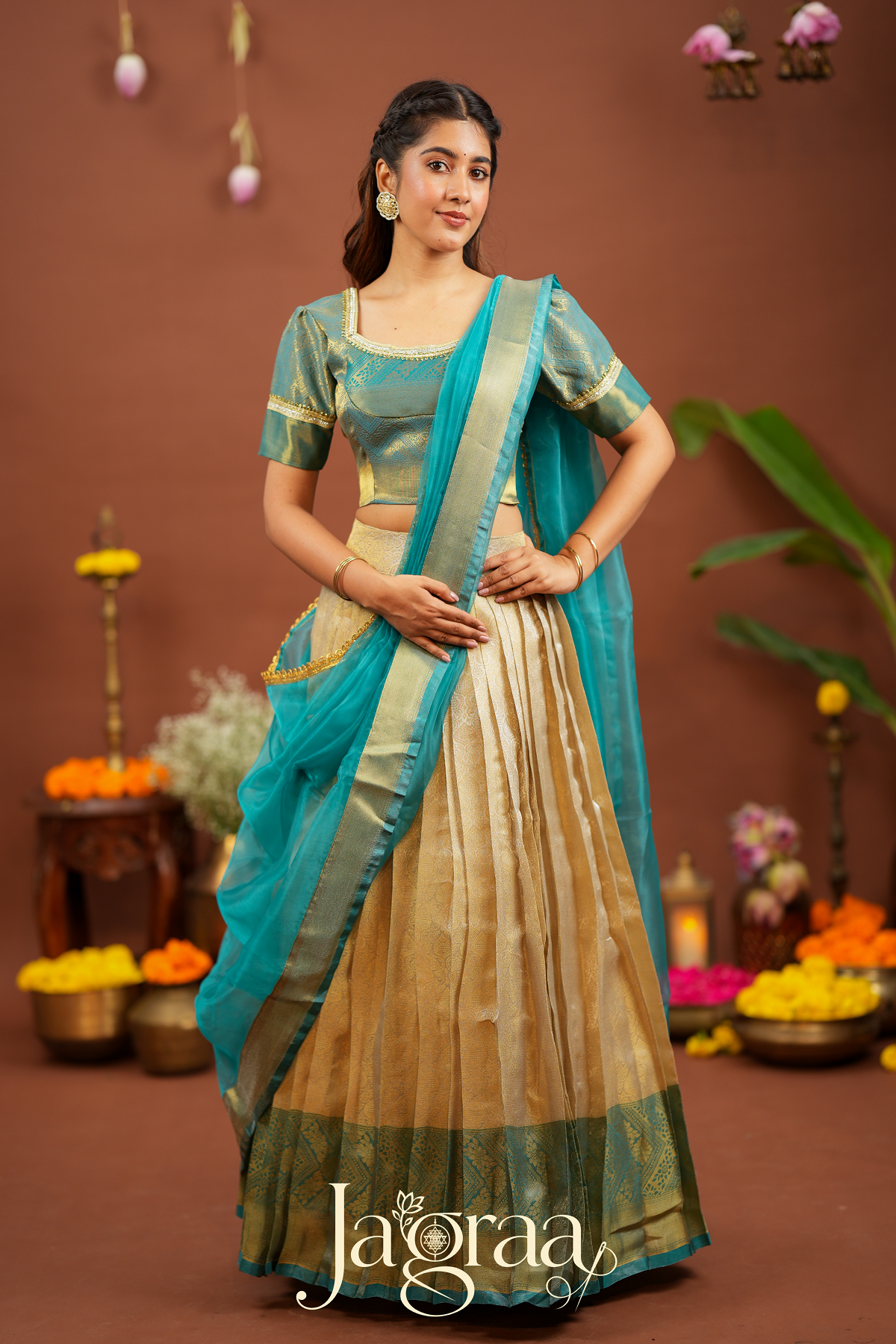 Kamala | Golden Beige Kanjivaram Silk Lehenga for Weddings