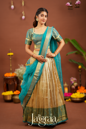Kamala | Golden Beige Kanjivaram Silk Lehenga for Weddings