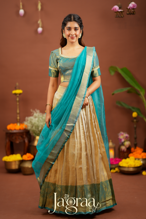 Kamala | Golden Beige Kanjivaram Silk Lehenga for Weddings
