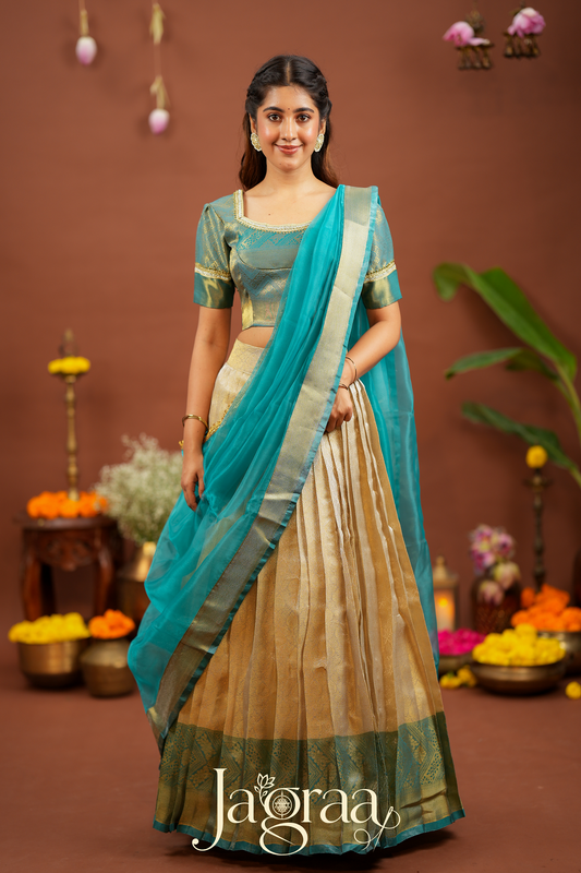 Kamala | Golden Beige Kanjivaram Silk Lehenga for Weddings