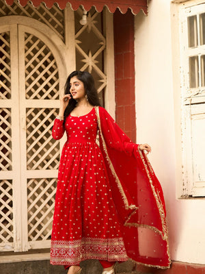 Radiance Red Anarkali Suit with Dupatta – Perfect Durga Puja & Karwa Chauth Dress