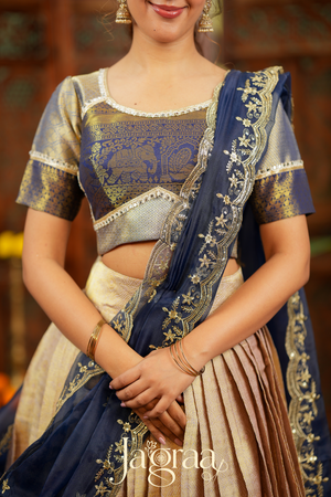 Mahalaxmi | Golden Beige & Navy Blue Kanjivaram Silk Lehenga Set