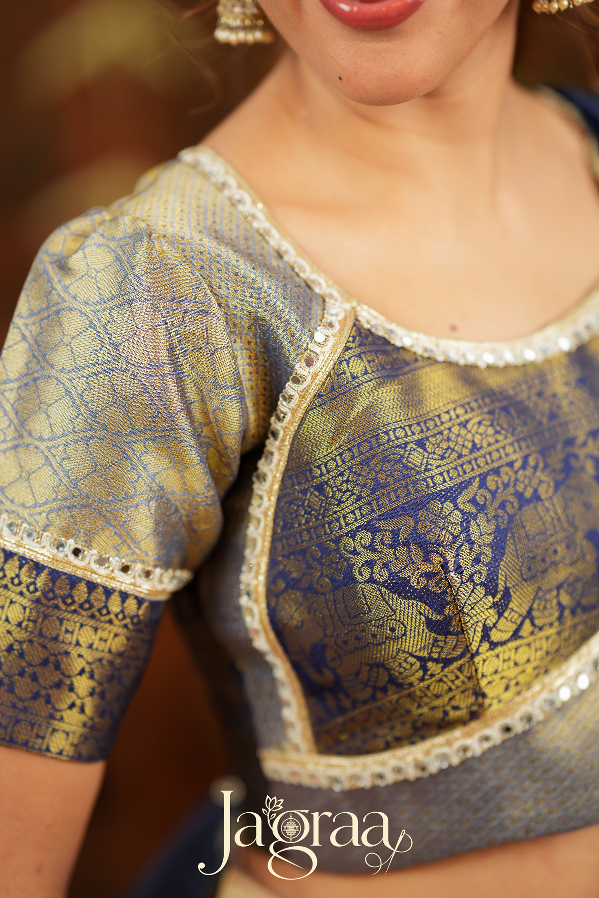 Mahalaxmi | Golden Beige & Navy Blue Kanjivaram Silk Lehenga Set
