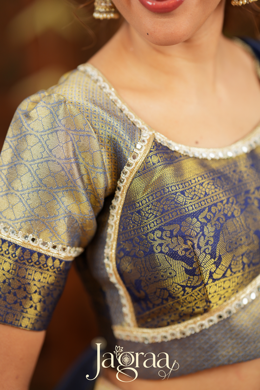 Mahalaxmi | Golden Beige & Navy Blue Kanjivaram Silk Lehenga Set