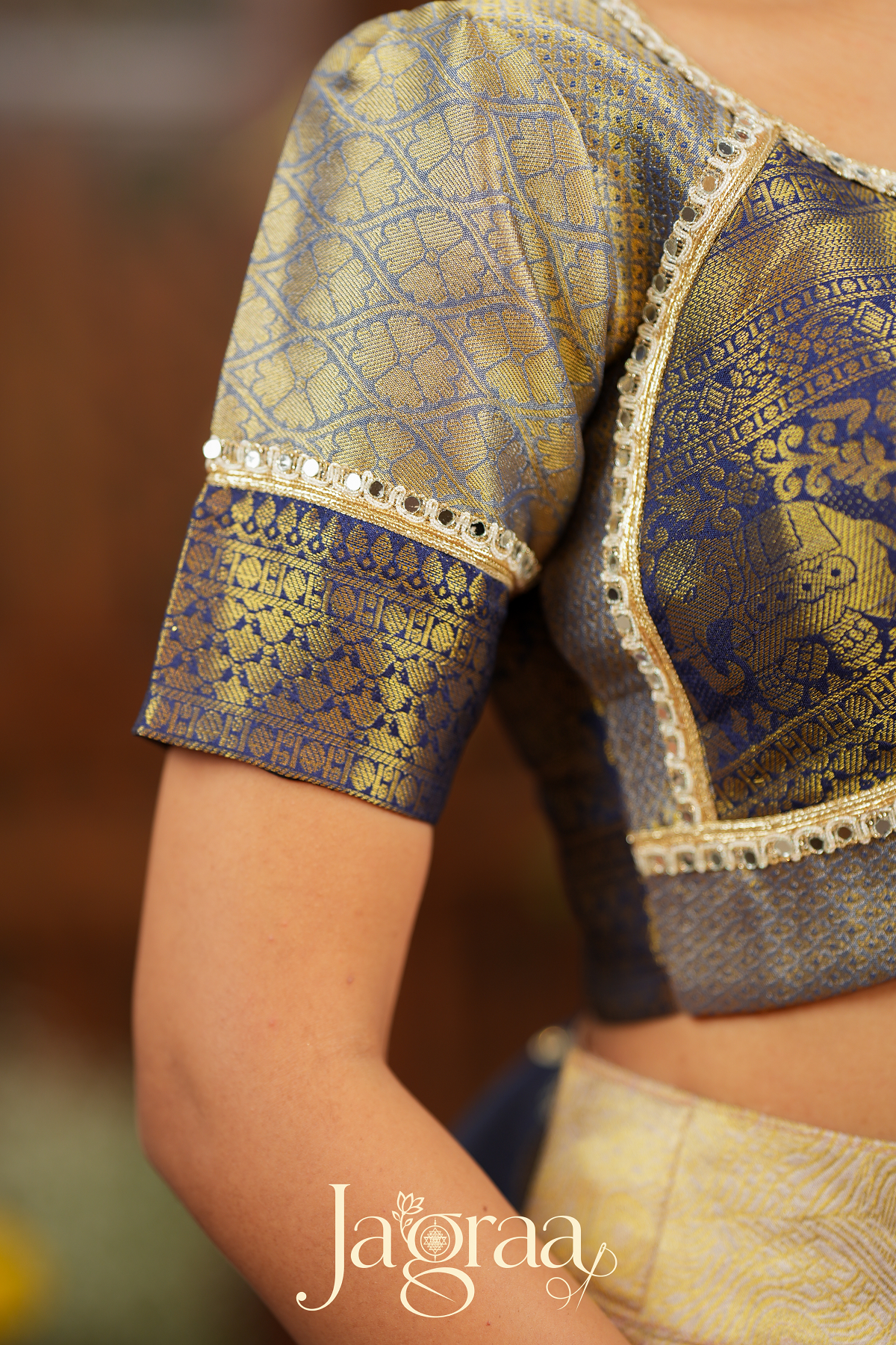 Mahalaxmi | Golden Beige & Navy Blue Kanjivaram Silk Lehenga Set