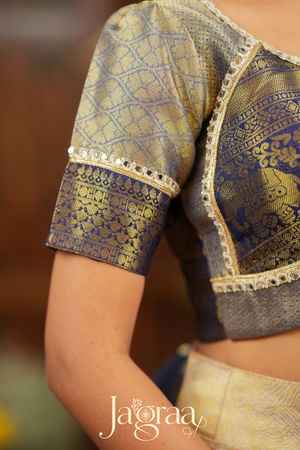 Mahalaxmi | Golden Beige & Navy Blue Kanjivaram Silk Lehenga Set