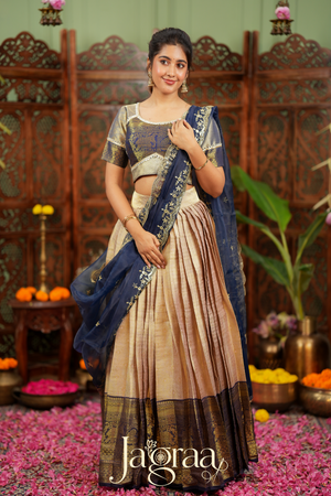 Mahalaxmi | Golden Beige & Navy Blue Kanjivaram Silk Lehenga Set