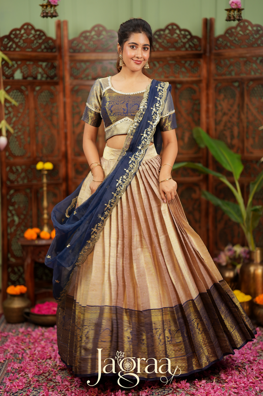 Mahalaxmi | Golden Beige & Navy Blue Kanjivaram Silk Lehenga Set
