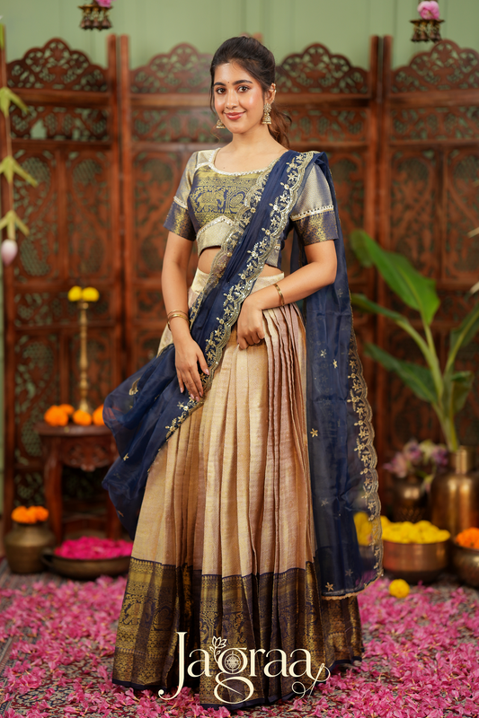 Mahalaxmi | Golden Beige & Navy Blue Kanjivaram Silk Lehenga Set