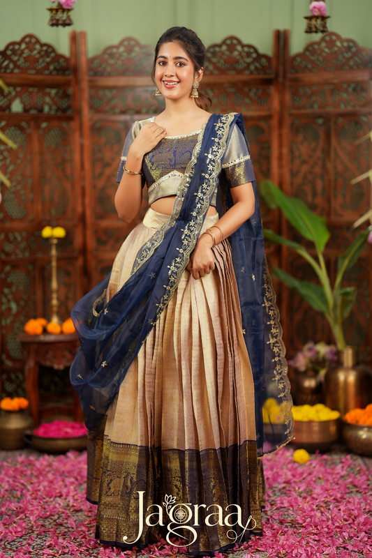 Mahalaxmi | Golden Beige & Navy Blue Kanjivaram Silk Lehenga Set