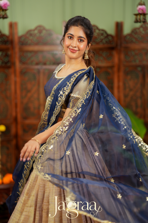 Mahalaxmi | Golden Beige & Navy Blue Kanjivaram Silk Lehenga Set
