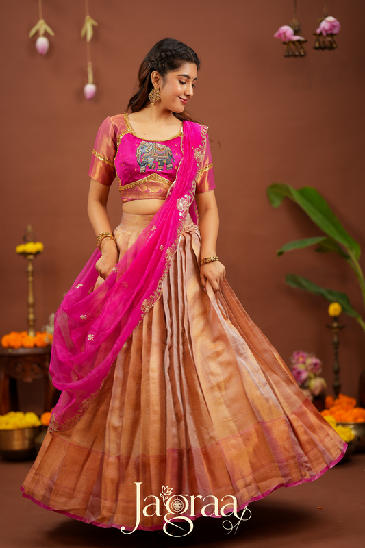 Mahishni | Golden Premium Tissue Silk Lehenga for Weddings