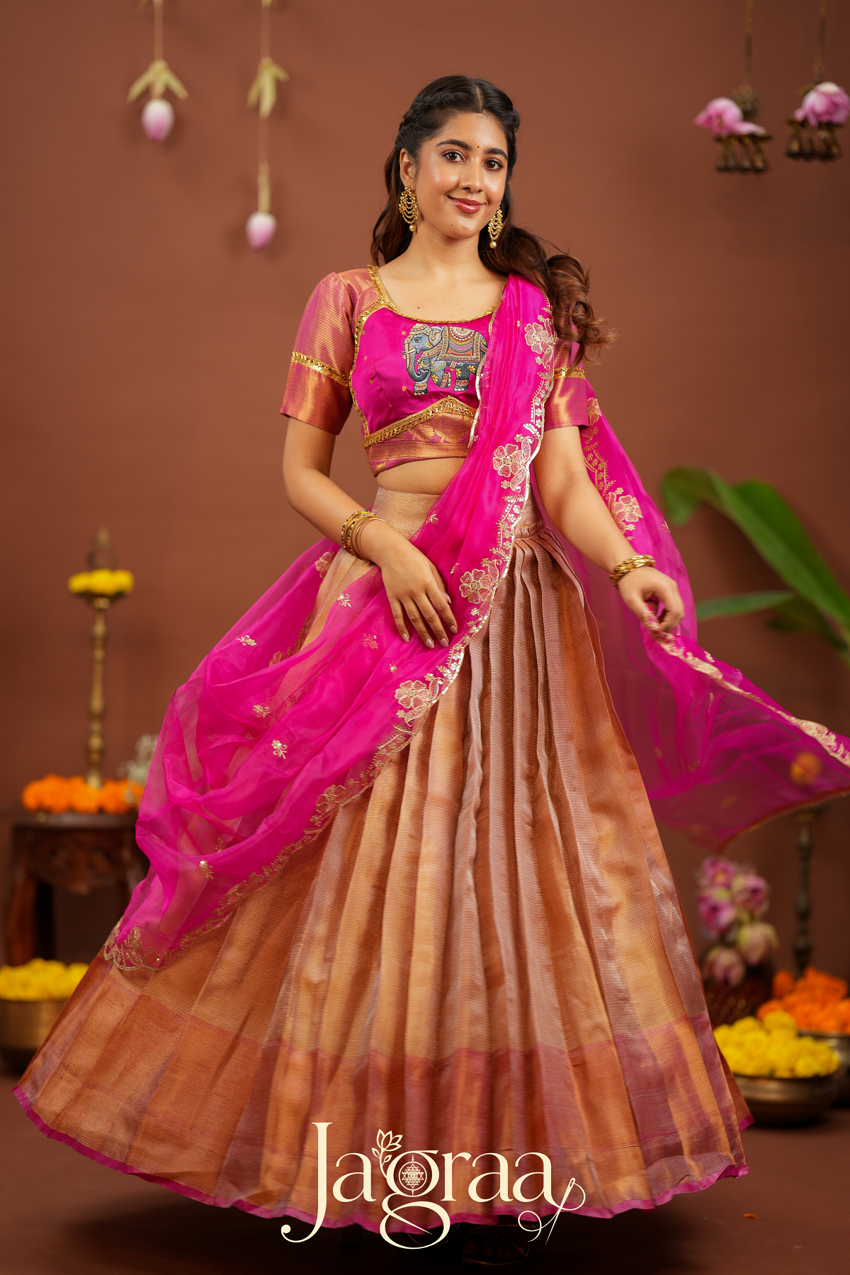 Mahishni | Golden Premium Tissue Silk Lehenga for Weddings
