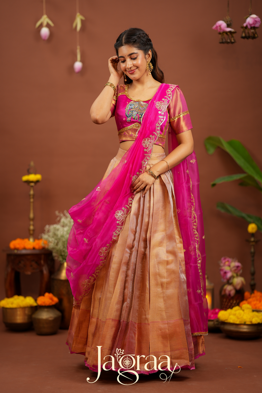 Mahishni | Golden Premium Tissue Silk Lehenga for Weddings