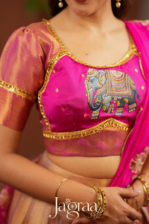 Mahishni | Golden Premium Tissue Silk Lehenga for Weddings