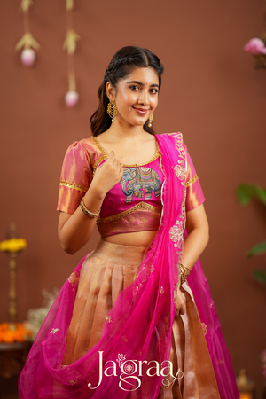 Mahishni | Golden Premium Tissue Silk Lehenga for Weddings