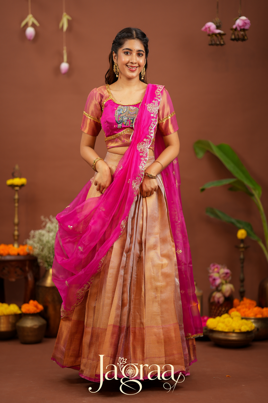Mahishni | Golden Premium Tissue Silk Lehenga for Weddings