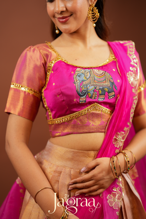 Mahishni | Golden Premium Tissue Silk Lehenga for Weddings
