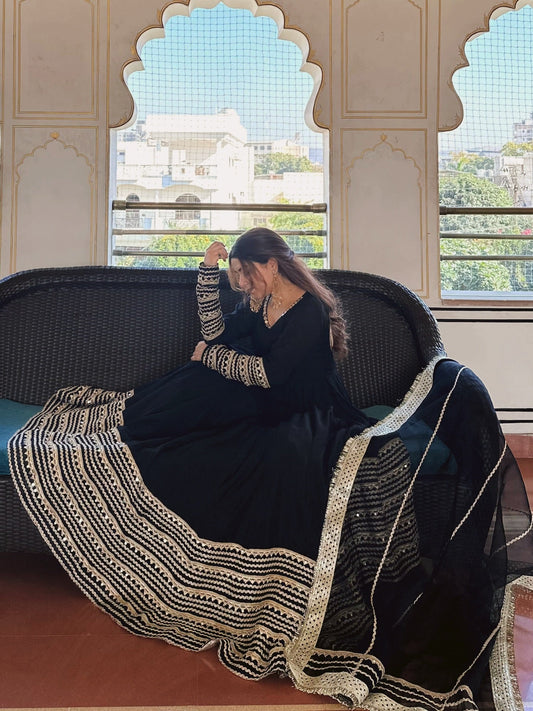 Noorjahan Black Color Embroidered Work Anarkali Suit Set