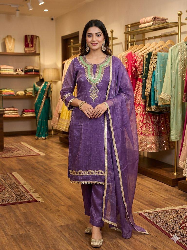 Crunchy Fabric Mirror Work & Sequence Embroidery Kurti Pant Set with Dupatta