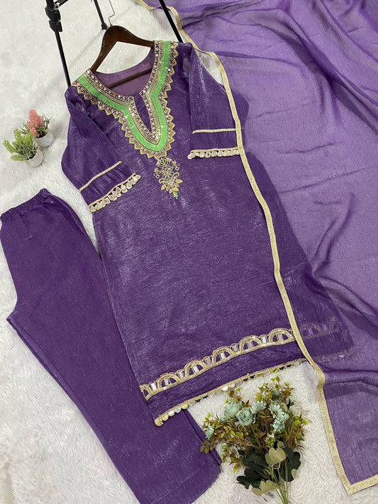 Crunchy Fabric Mirror Work & Sequence Embroidery Kurti Pant Set with Dupatta