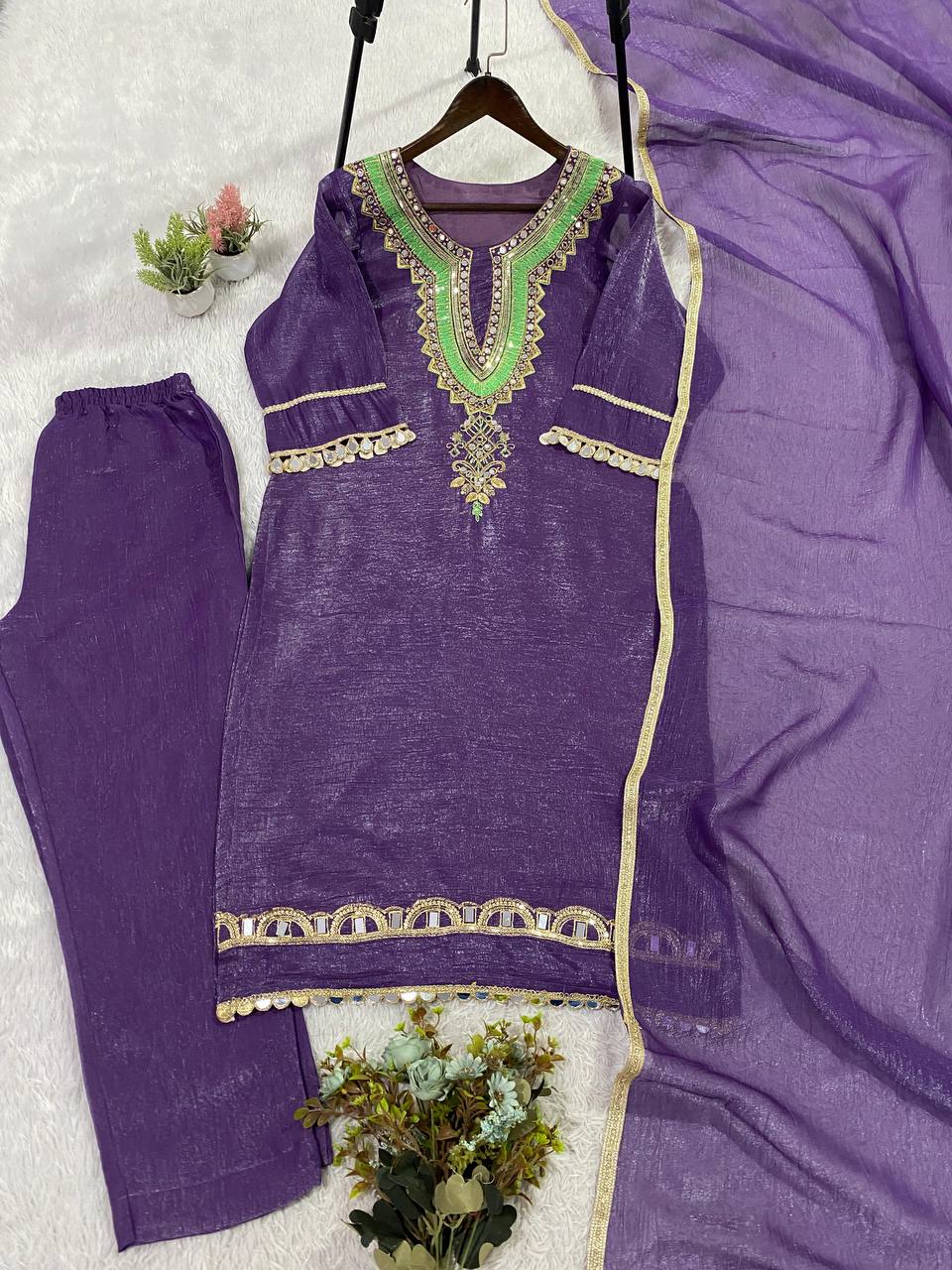 Crunchy Fabric Mirror Work & Sequence Embroidery Kurti Pant Set with Dupatta