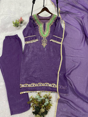 Crunchy Fabric Mirror Work & Sequence Embroidery Kurti Pant Set with Dupatta
