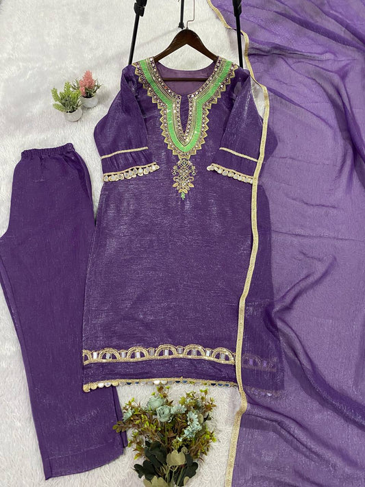 Crunchy Fabric Mirror Work & Sequence Embroidery Kurti Pant Set with Dupatta