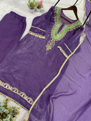 Crunchy Fabric Mirror Work & Sequence Embroidery Kurti Pant Set with Dupatta
