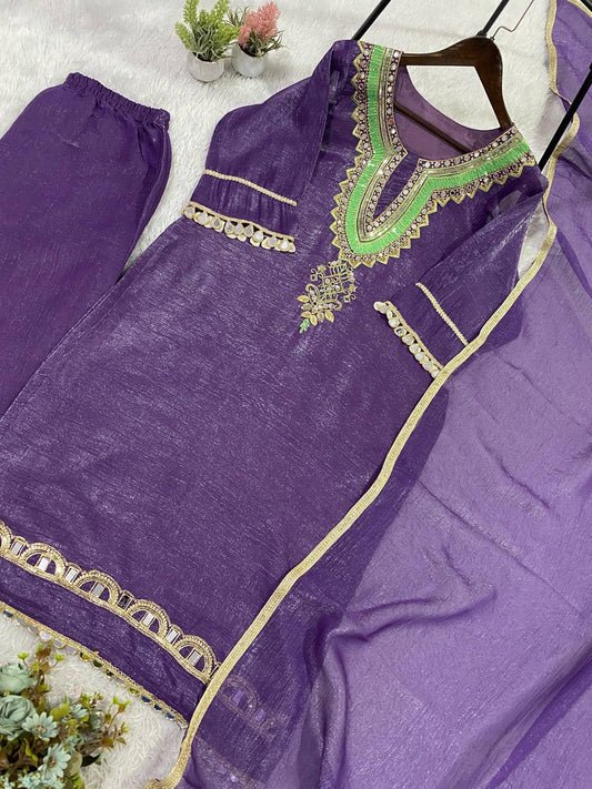 Crunchy Fabric Mirror Work & Sequence Embroidery Kurti Pant Set with Dupatta