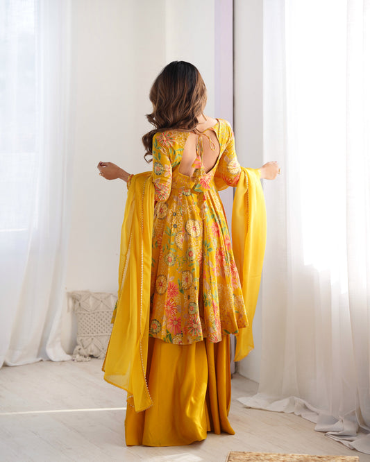 Mustard Color Raman silk Discharge Printed palazzo Suit