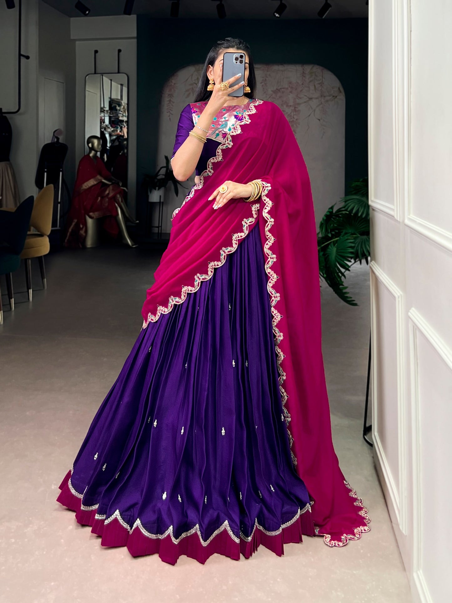Jagraa Naysha Sequins & Thread Embroidered Lehenga Choli Set with Vichitra Silk Dupatta