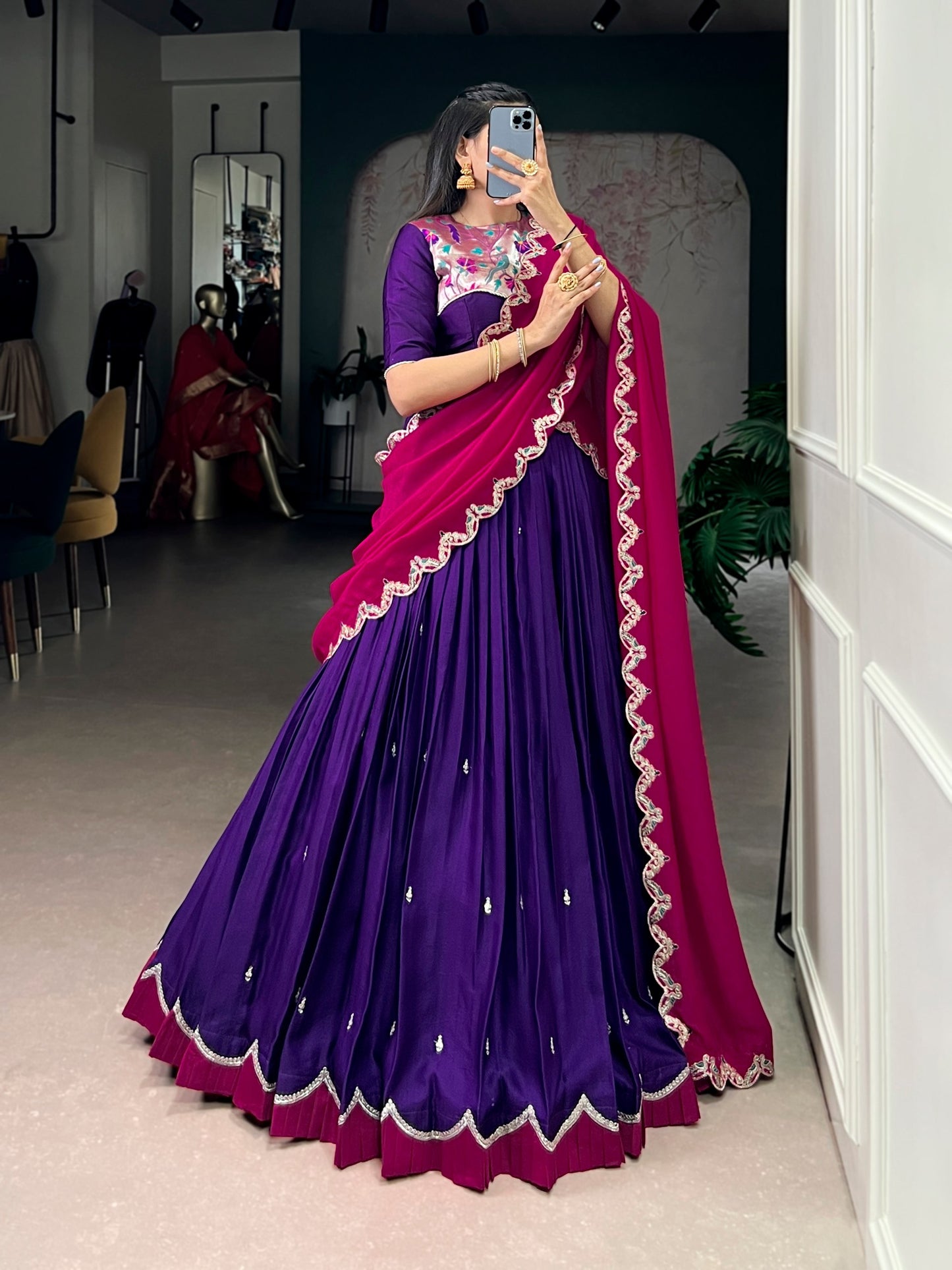 Jagraa Naysha Sequins & Thread Embroidered Lehenga Choli Set with Vichitra Silk Dupatta