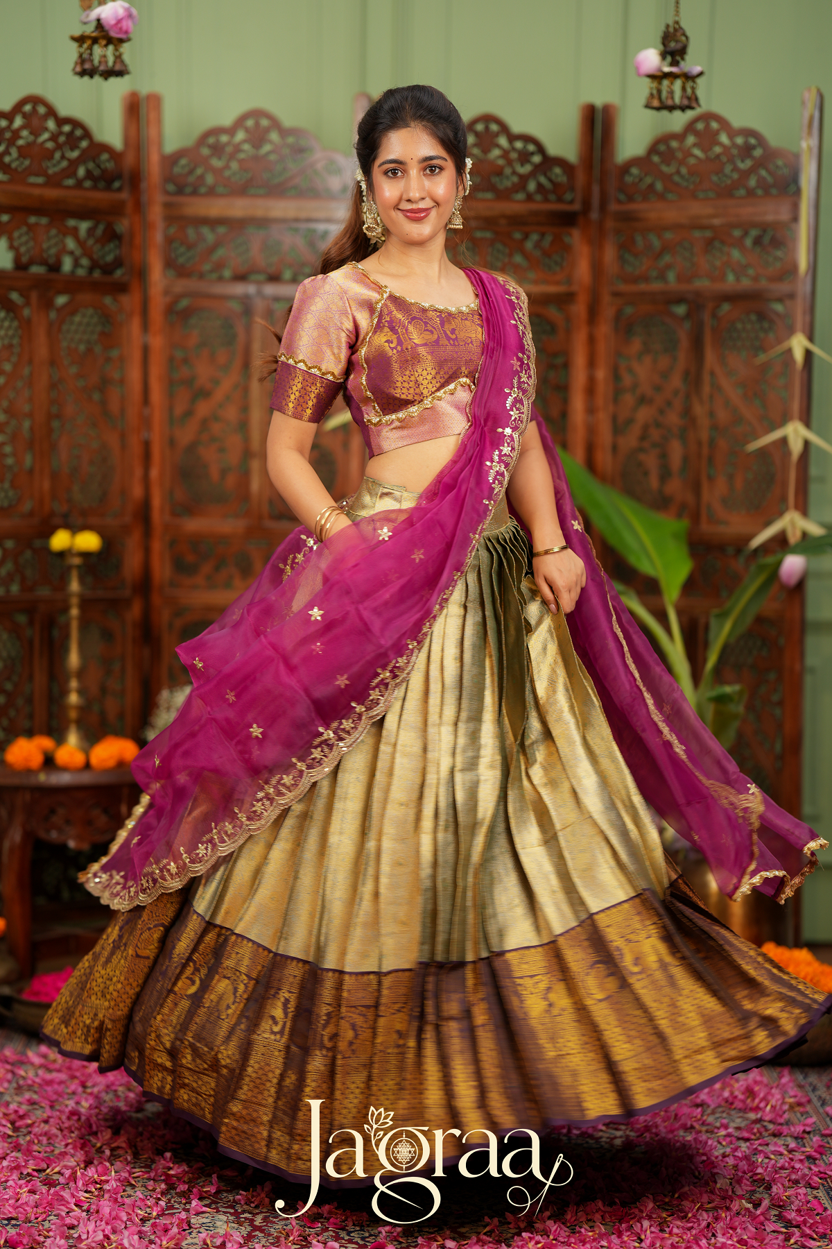 Pagnamalini | Magenta Pink & Antique Gold Designer Lehenga Set