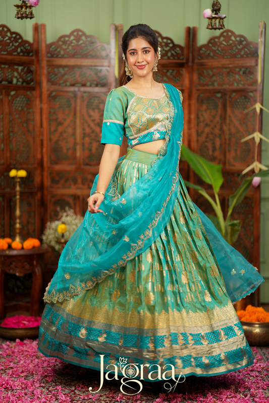 Pagnapriya | Teal Green & Golden Designer Lehenga Set