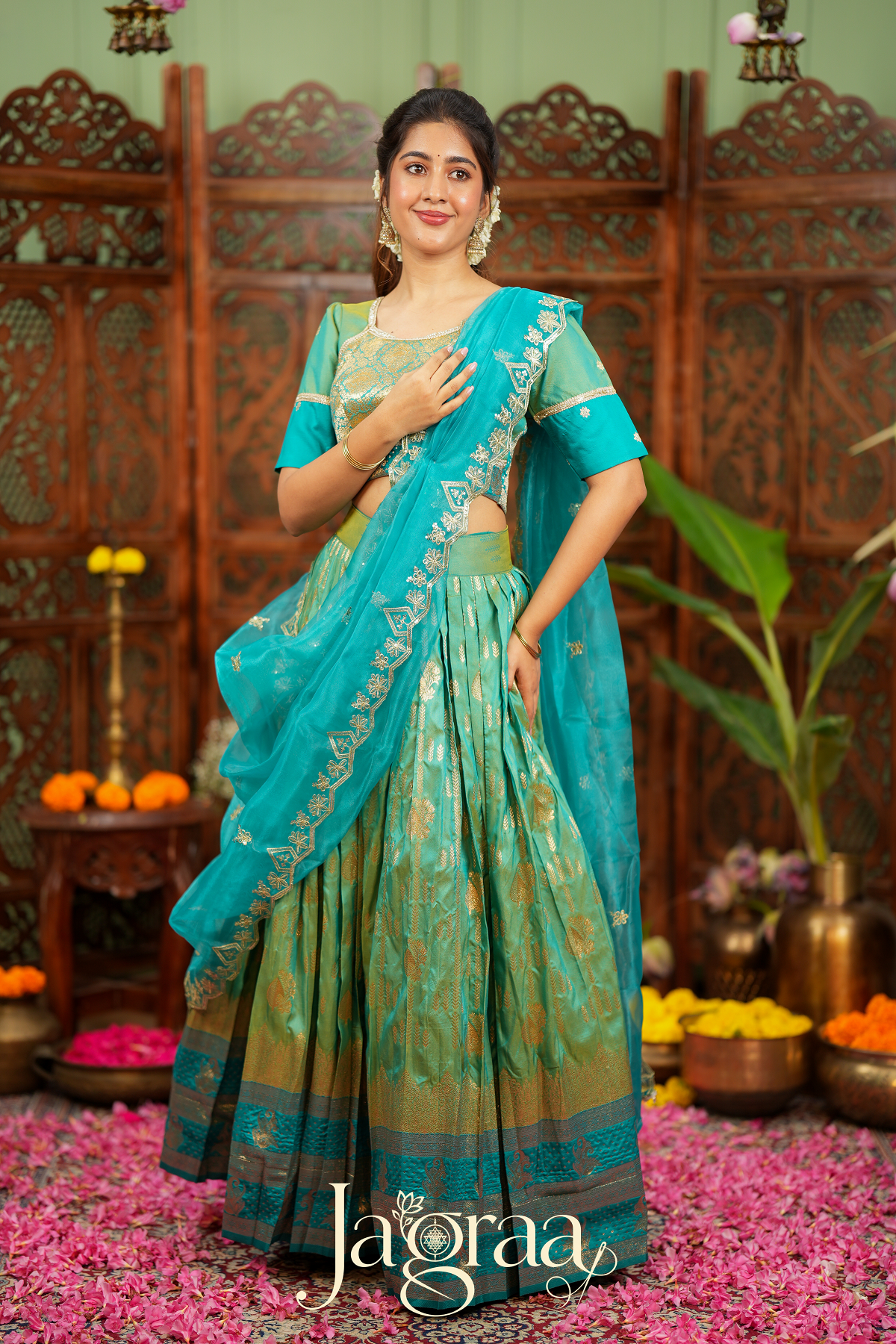 Pagnapriya | Teal Green & Golden Designer Lehenga Set
