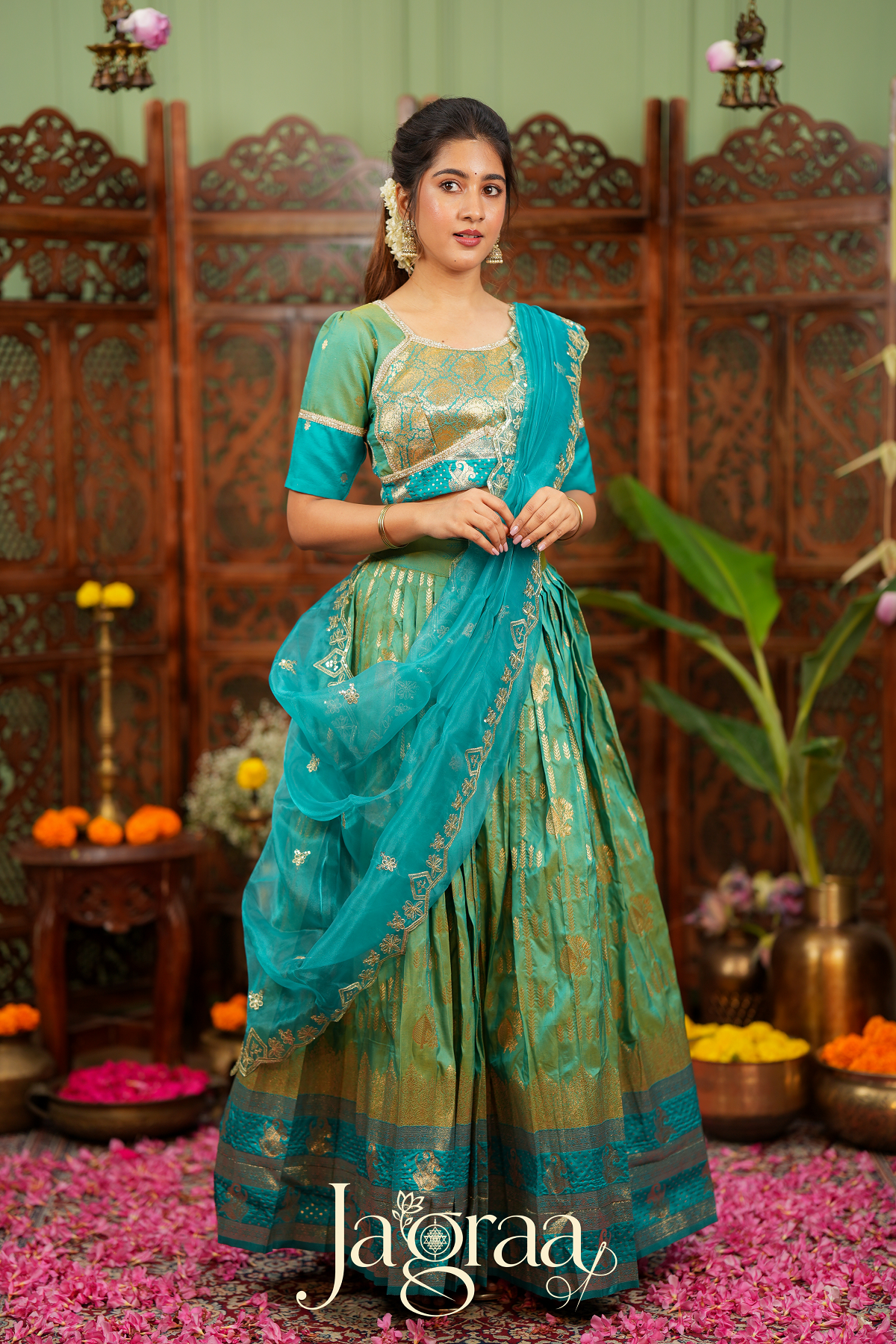 Pagnapriya | Teal Green & Golden Designer Lehenga Set