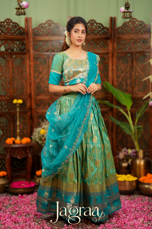 Pagnapriya | Teal Green & Golden Designer Lehenga Set