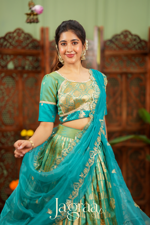 Pagnapriya | Teal Green & Golden Designer Lehenga Set
