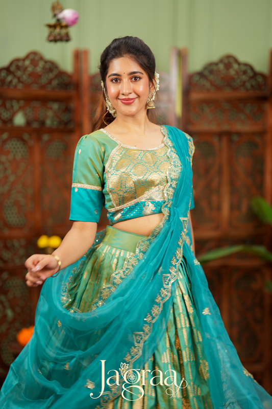 Pagnapriya | Teal Green & Golden Designer Lehenga Set