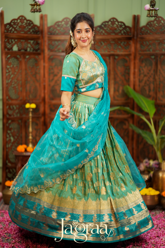 Pagnapriya | Teal Green & Golden Designer Lehenga Set